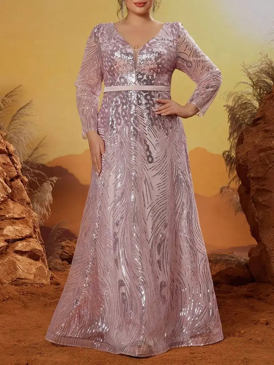 Mgiacy New Arrival V neck Noble Large size Evening gown dress Sequin belt Long dress