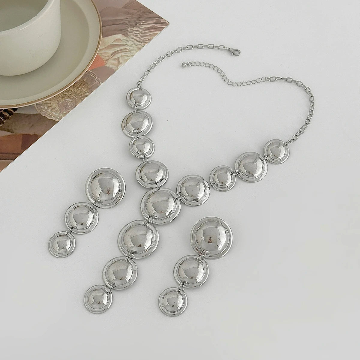 Salircon Women Punk Metal Y-Shaped Chain Jewelry Set Exaggerated Geometric Smooth Circular Spliced Long Necklace And Earrings