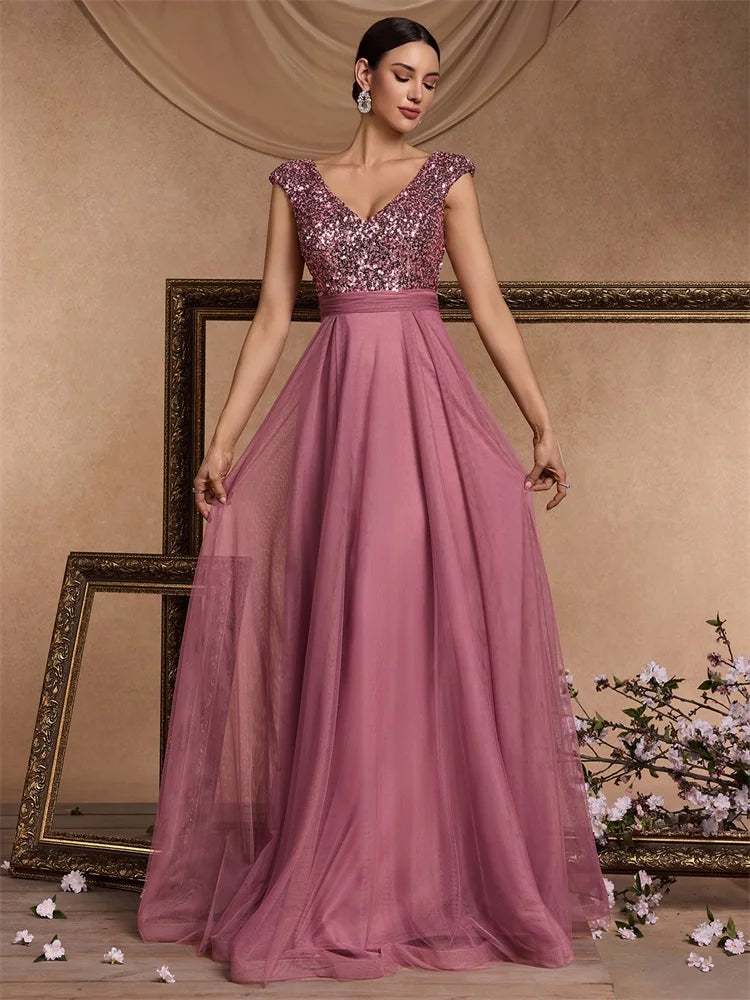 Luxury V-neck Chiffon Pink Evening Dresses