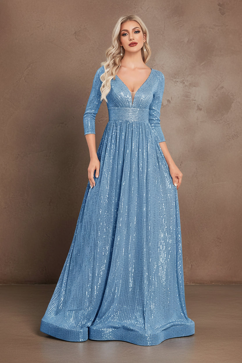 Luxury V Neck Long Sleeves Blue Sequins Formal Evening Dress Women 2024 Wedding Party Prom Maxi Cocktail Dress Gowns