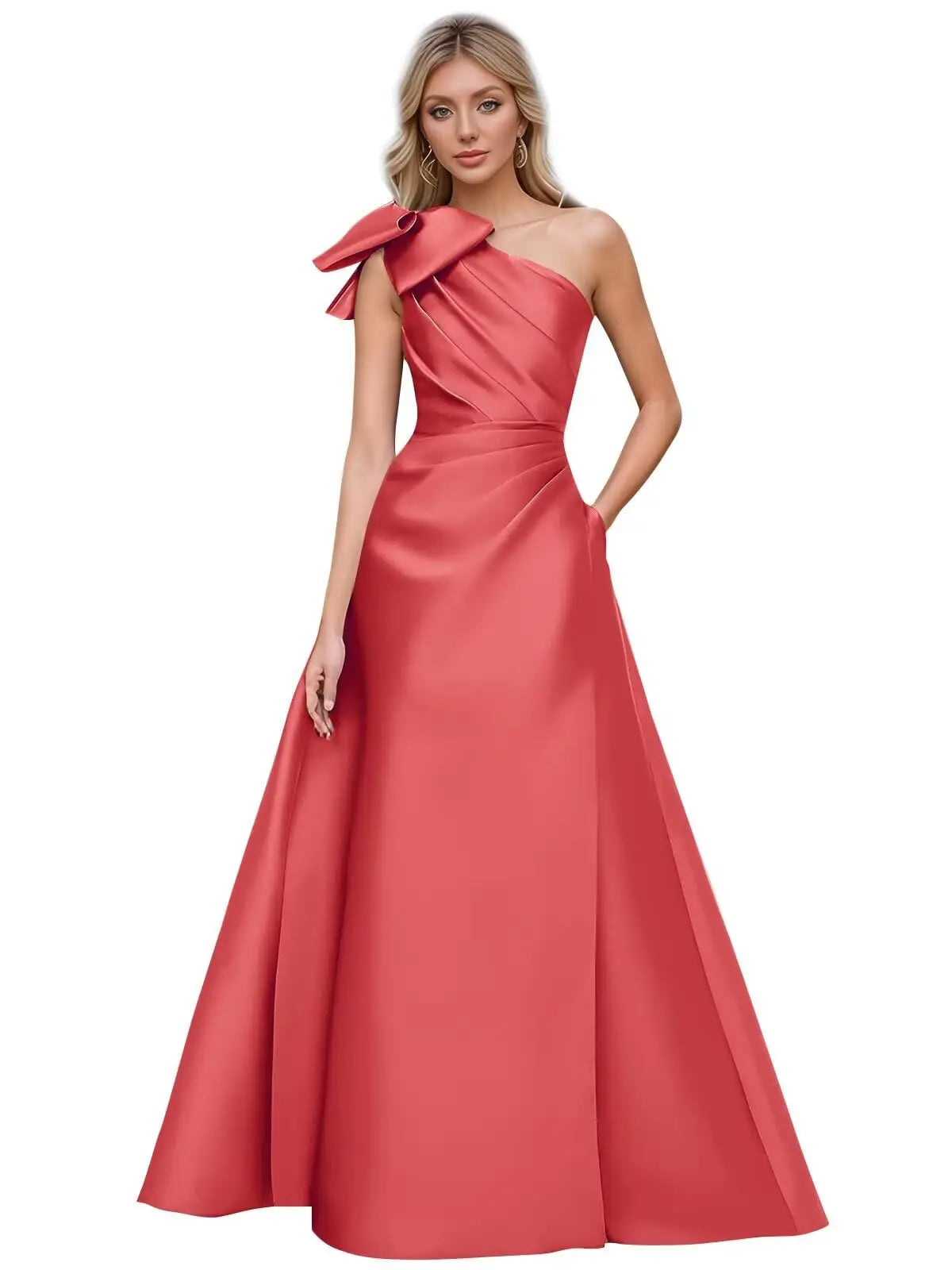 Women’s One Shoulder Prom Dresses Satin Mother of The Bride Dresses A Line Modest Formal Evening Gown with Bow
