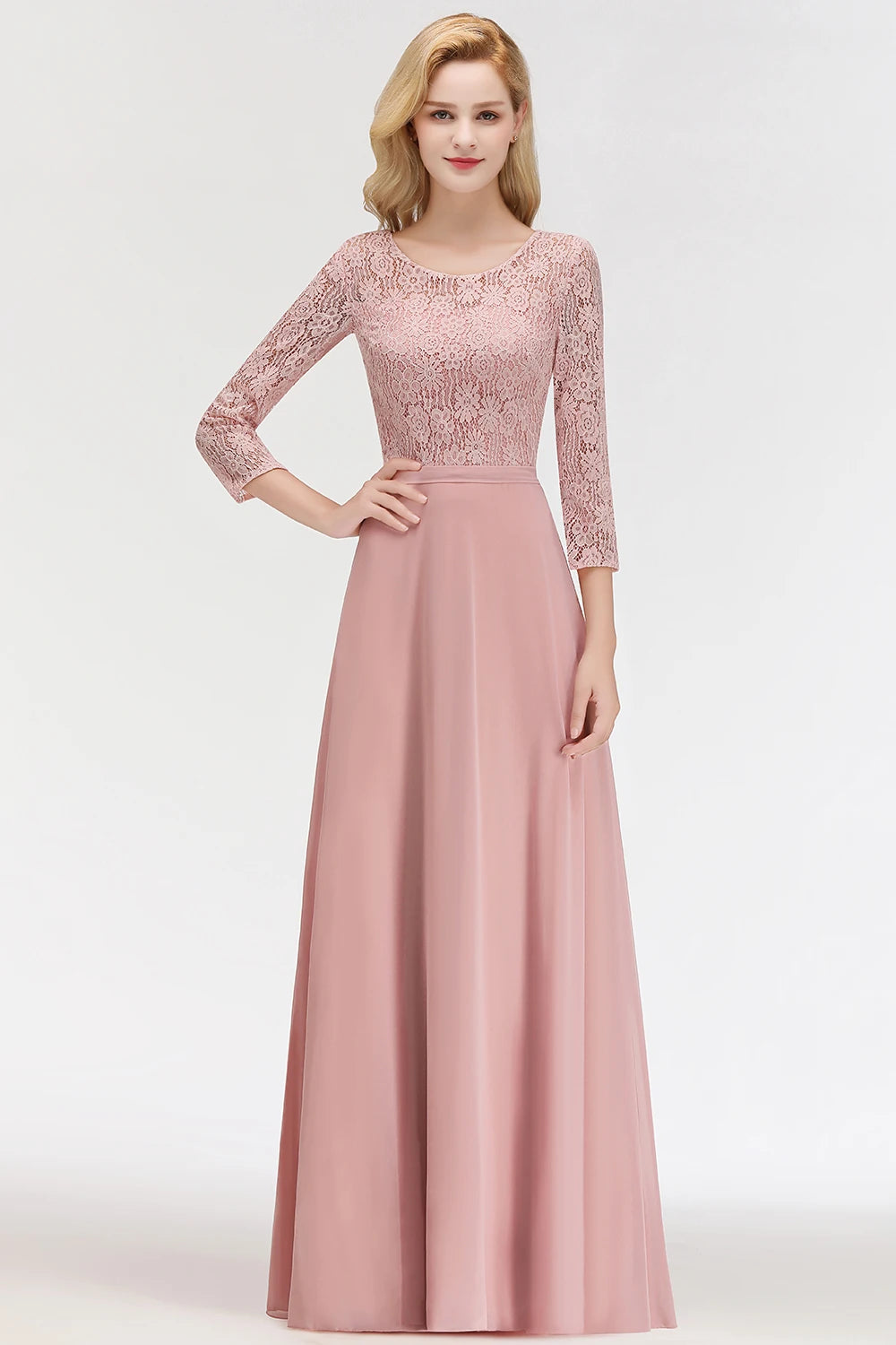 BABYONLINE In Stock Bridesmaid Gown Long Sleeve Floral Lace Appqulies Chiffon A-line Skirt Boho Wedding Party Guest Gown
