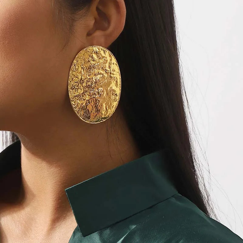 Exaggerated Gold Color Big Oval Stud Earrings for Women 2024 Classic Metal Textured Geometric Statement Earrings Party Jewelry