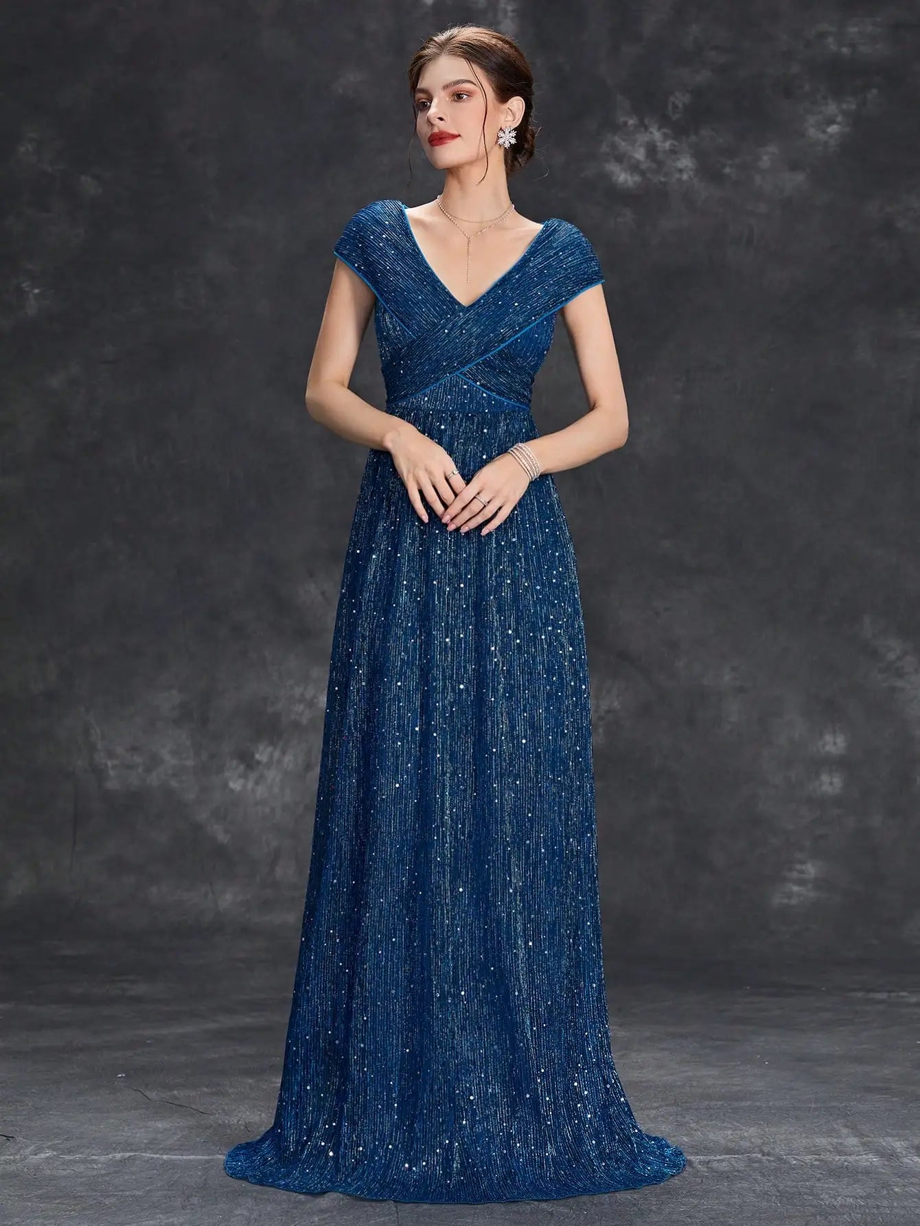 Mgiacy V-neck bag Rotator sleeve punch vertical strip mesh A full skirt Evening gown ball dress Party dress Bridesmaid dress