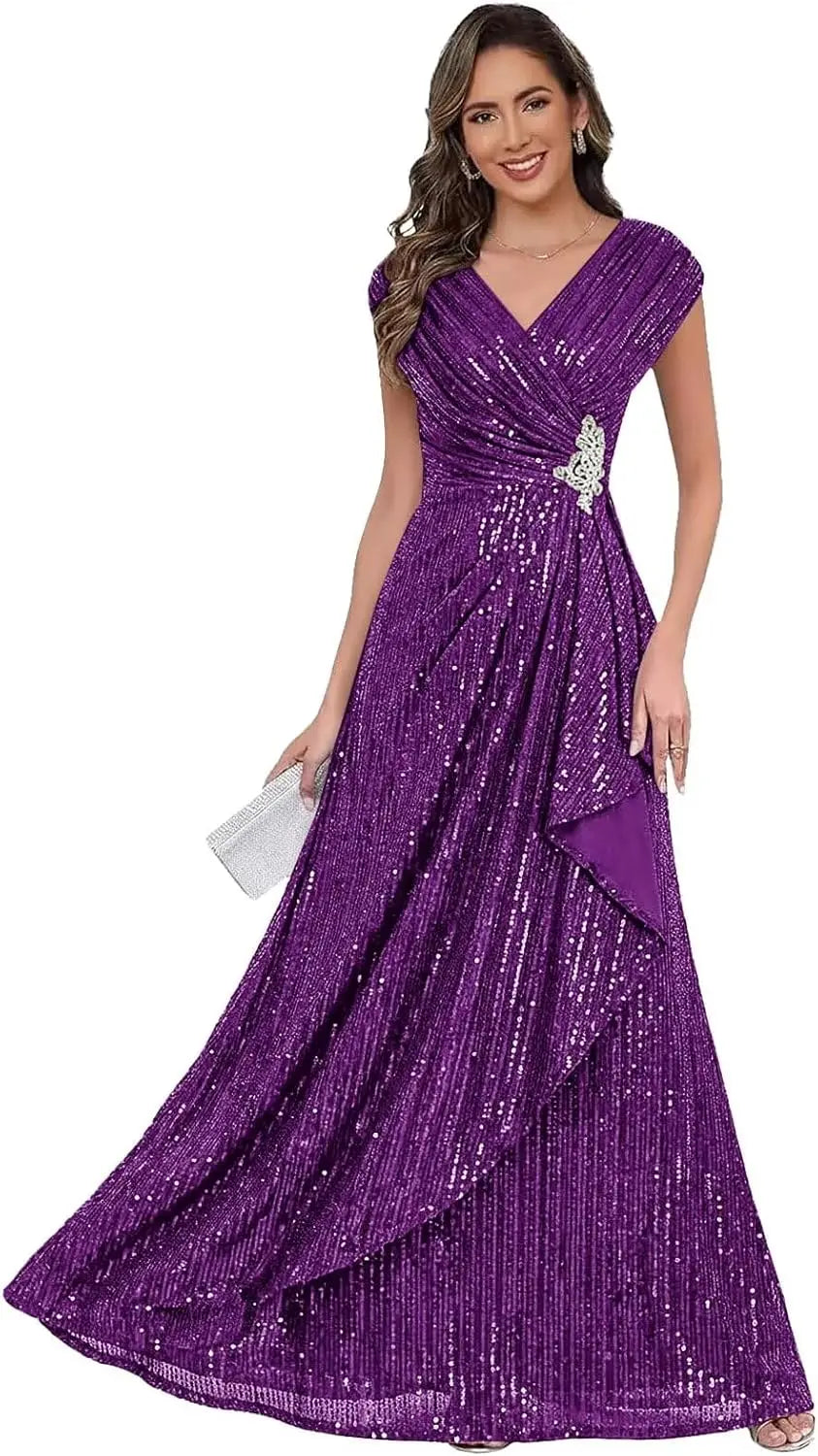 Sparkly Sequin A Line Mother of The Bride Dresses for Women Ruffles Long Formal Dress V Neck Evening Party Gown Dress