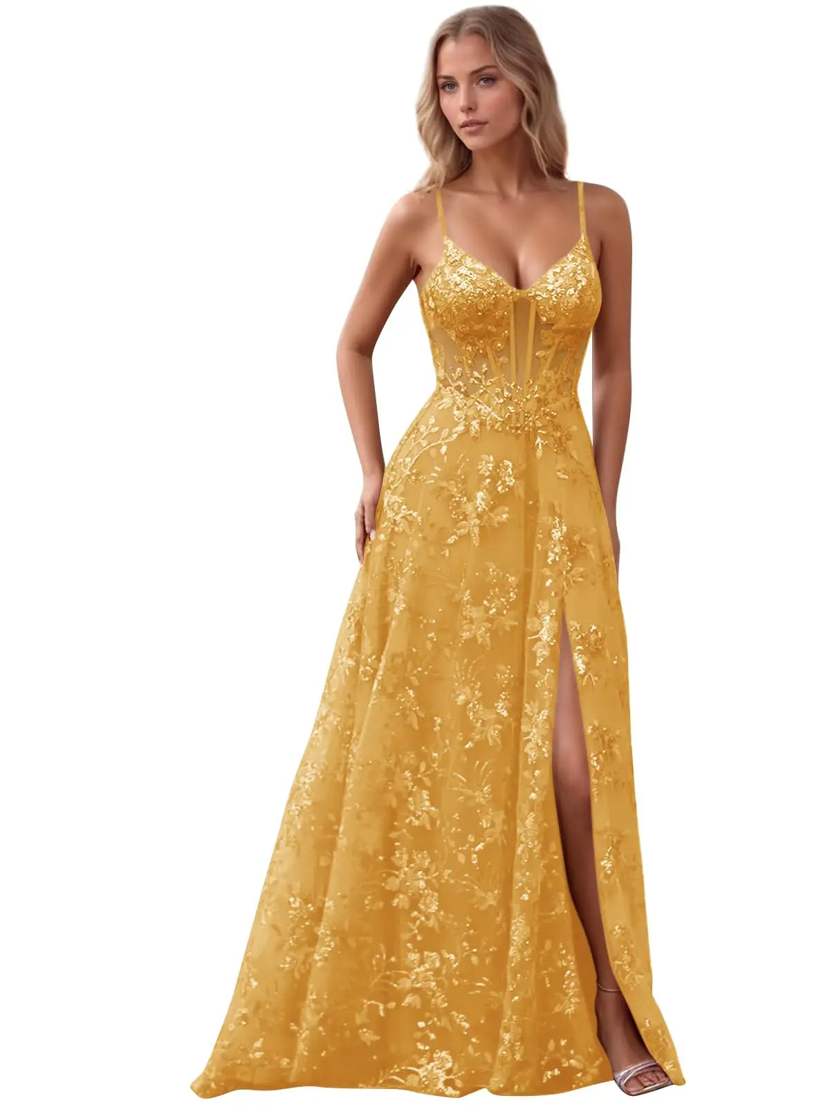 Spaghetti Strap Tulle Appliques Prom Dresses with Slit V Neck Sequin Evening Gown Women Formal Pageant Dress Long Party Dresses