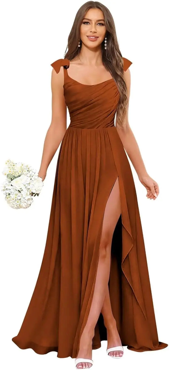 Square Neck Bridesmaid Dress with Ruffle Slit Chiffon Spaghetti Straps Ruched Bust Long Formal Prom Wedding Guest Gown