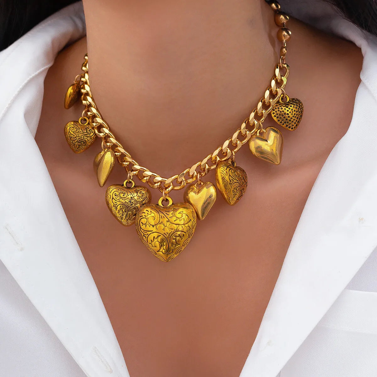 Salircon Vintage Aesthetics Exquisite Chubby Heart Pendant Choker Necklace Bracelets for Women Charm Fashion Jewelry Sets