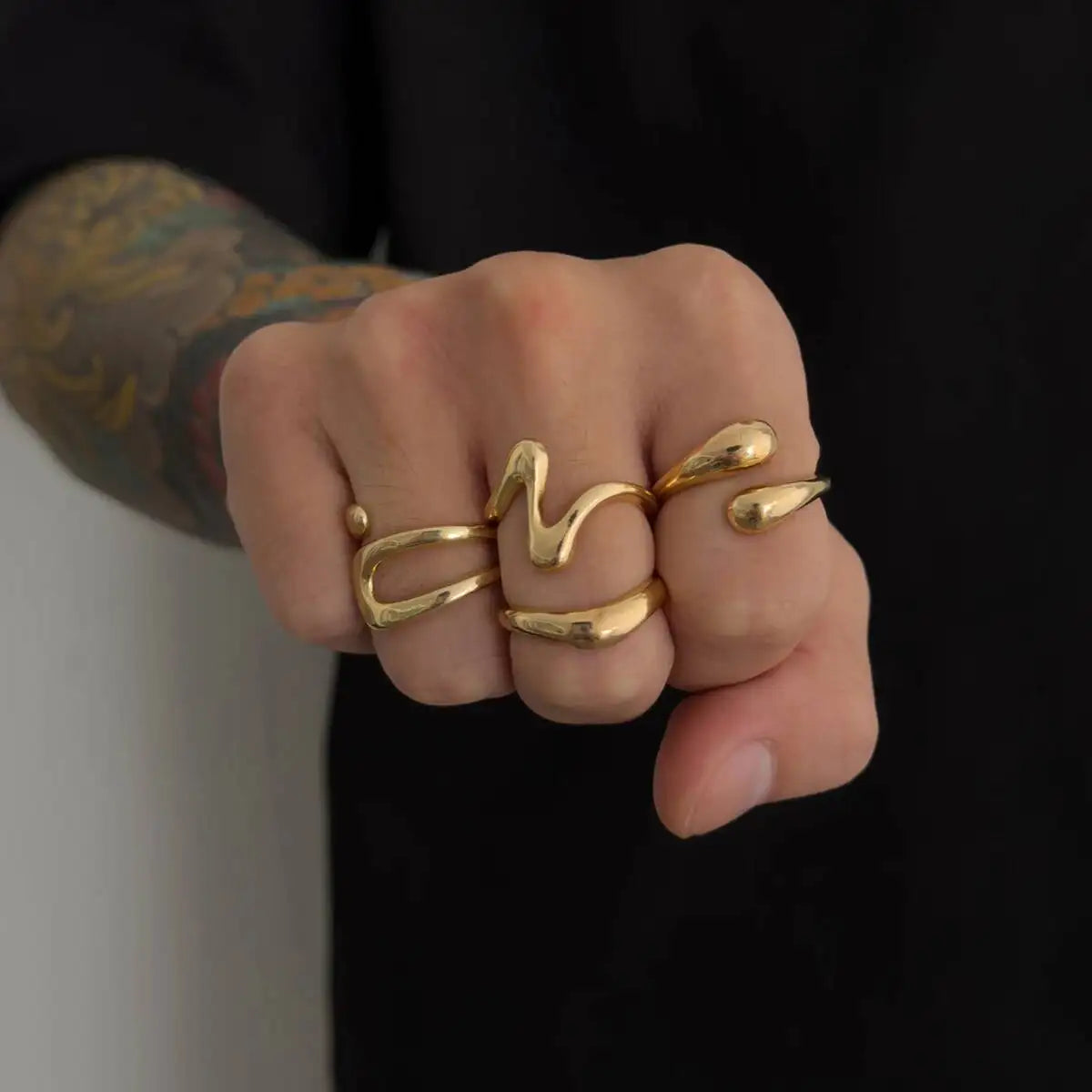 Salircon 4Pcs/Set Fashion Metal Irregular Geometric Open Finger Rings Women Punk Adjustable Gold Color Ring Couple Jewelry Gifts