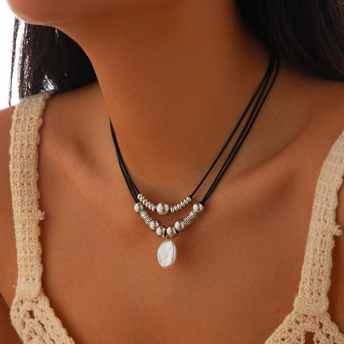 KunJoe Vintage Multilayer Leather Rope Chain Beaded Choker Short Necklace Women Ethnic Imitation Pearl Pendant Necklace Jewelry