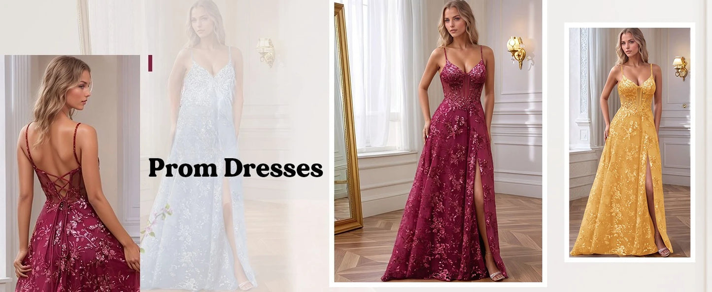 Spaghetti Strap Tulle Appliques Prom Dresses with Slit V Neck Sequin Evening Gown Women Formal Pageant Dress Long Party Dresses