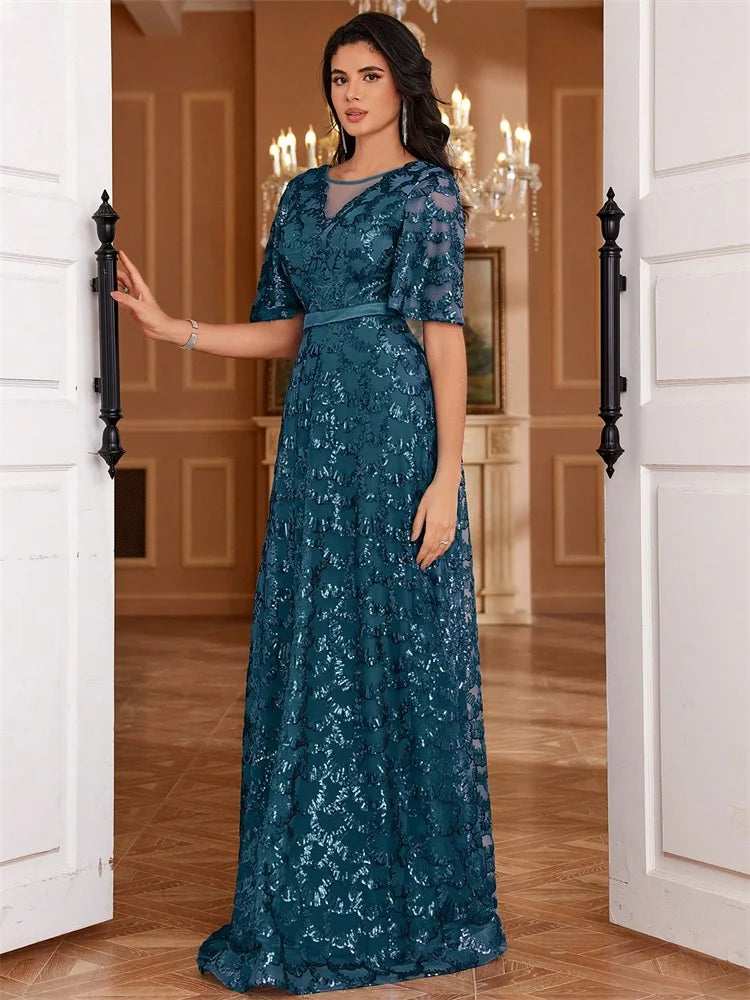 Elegant V-Neck Short sleeve Sequins Evening Dresses Long New Luxury Formal Mermaid Party Graduation Cocktail Gowns