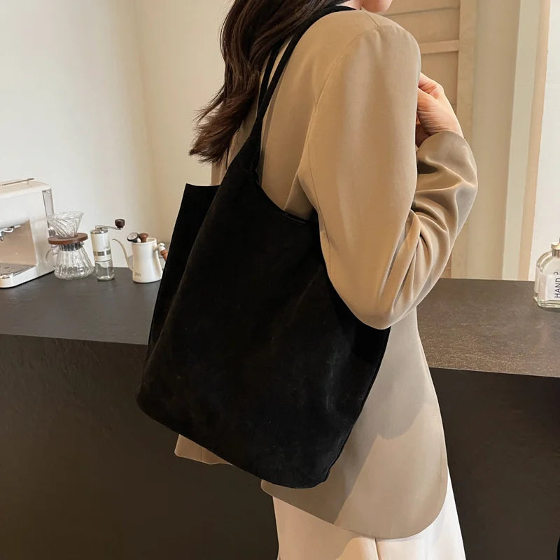 Retro Women's Suede Shoulder Bag New Solid Colors High Capacity Casual Tote Zippered Versatile Sewing Thread for Crafting