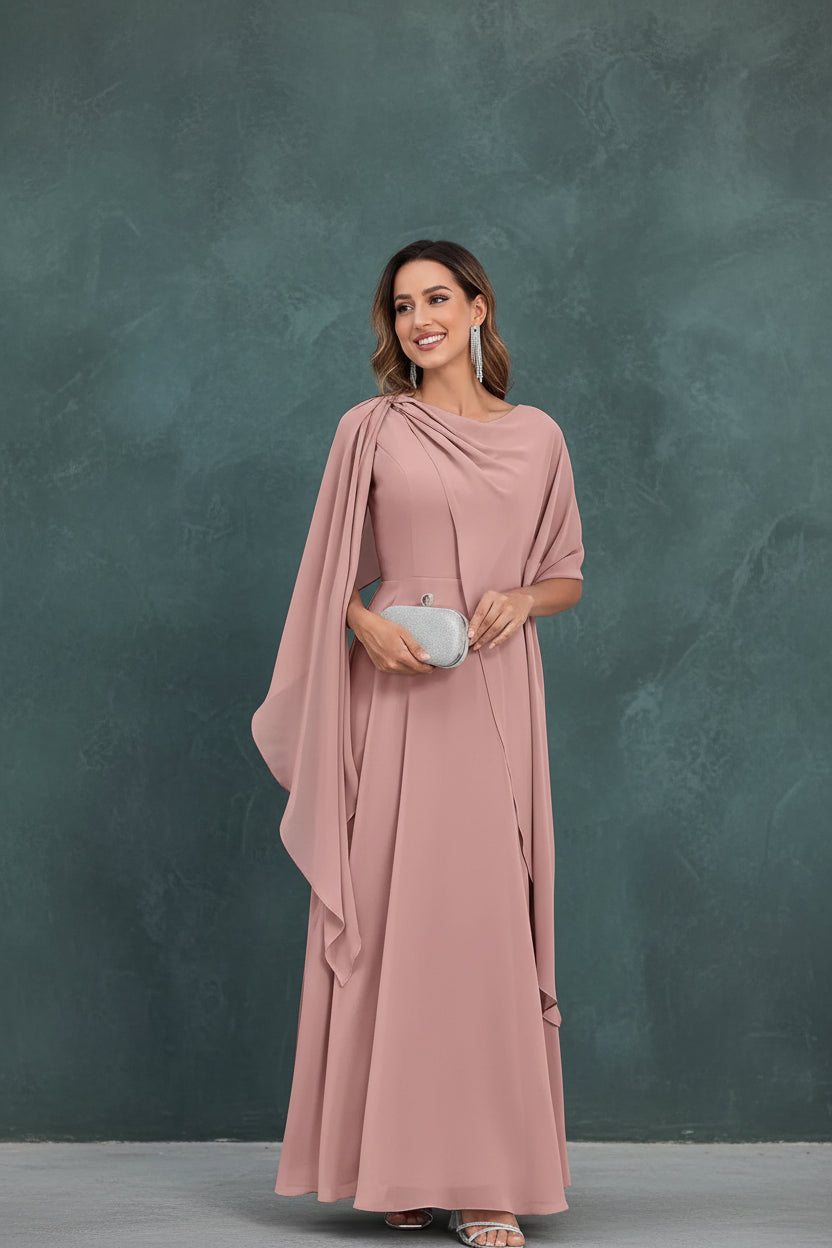 Scoop Neck Mother of The Bride Dresses Cape Shawl Ruffle Long Formal Evening Gowns Chiffon A Line Wedding Guest Bridesmaid Dress