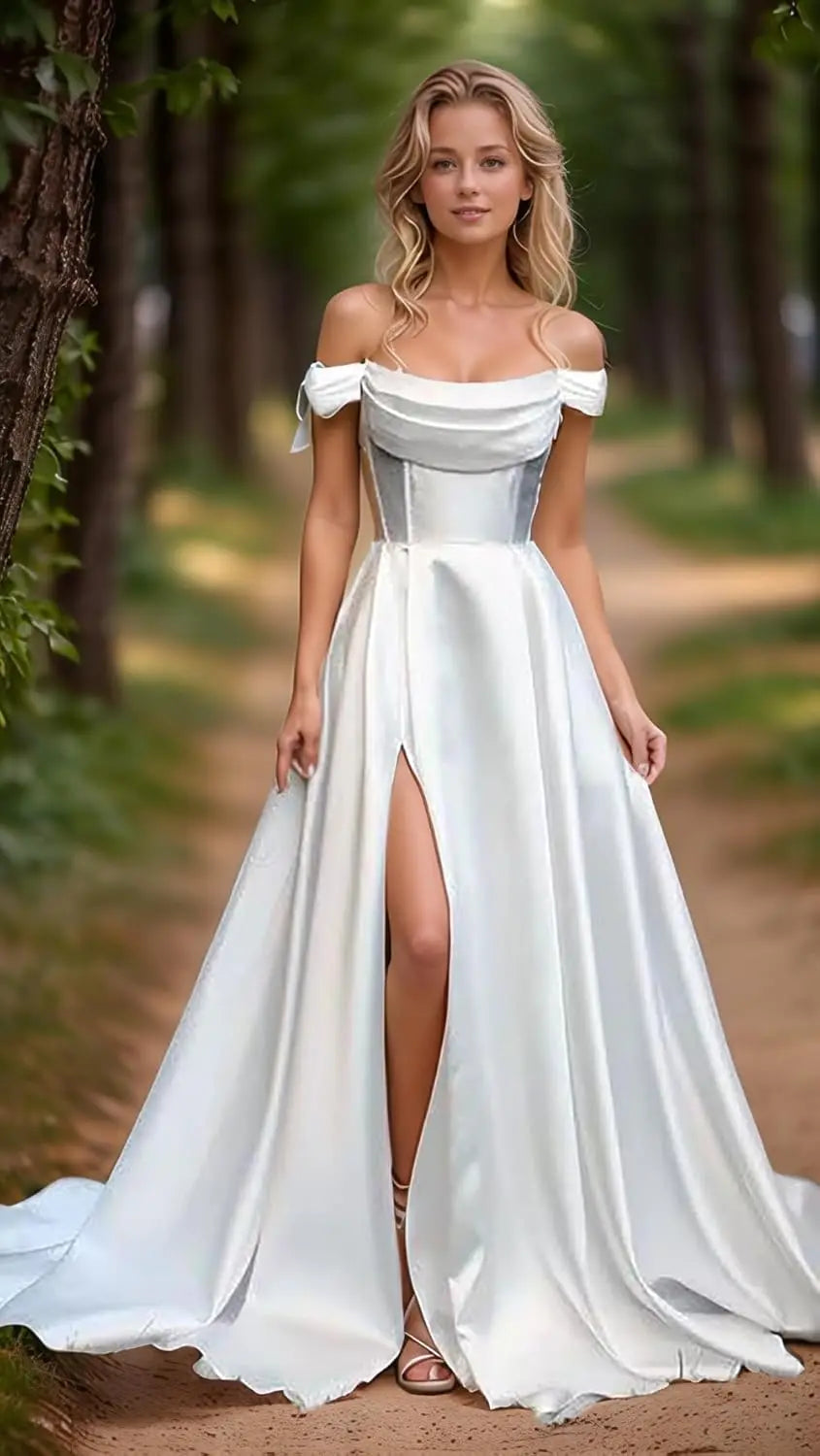 Satin Prom Dresses with Slit Strapless A Line Corset Ball Gowns Off Shoulder Formal Evening Gowns with Pockets Party Dresses