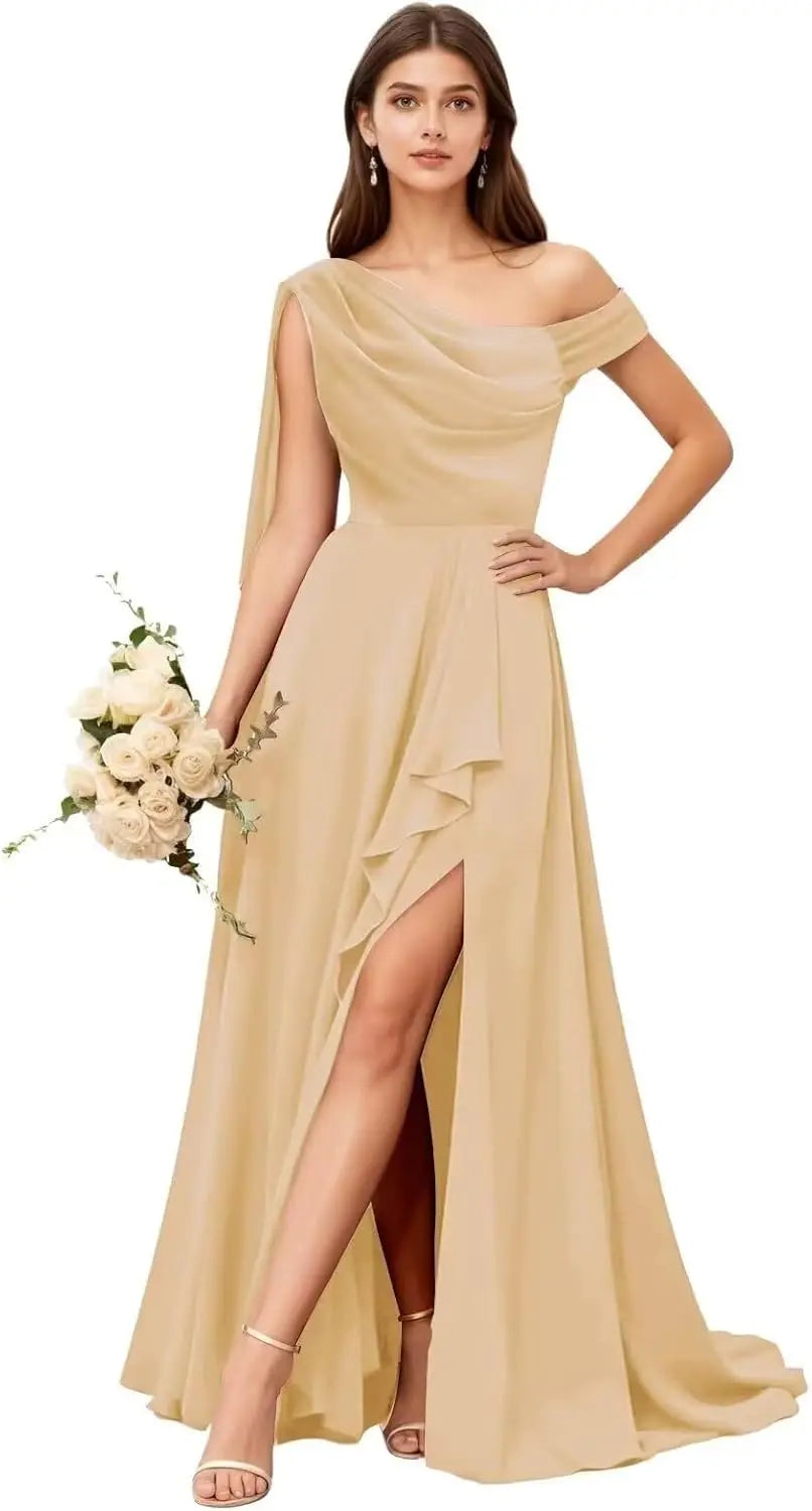 Chiffon One Shoulder Bridesmaid Dresses for Women with Pleated Ruffles A Line Long Formal Dress with Slit