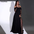 FairyKissy Black A - Line Prom Evening Dresses Sexy Long Sleeve Lace Split Satin Party Dress Formal Cocktail Prom Gowns - TrendNest