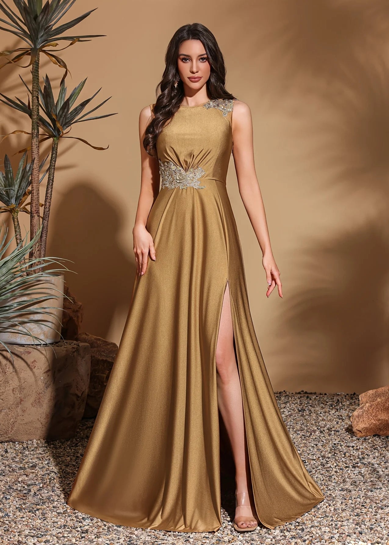 Asymmetrical applique sleeveless round neck slit back floor-length gown, women's long dress, party dress