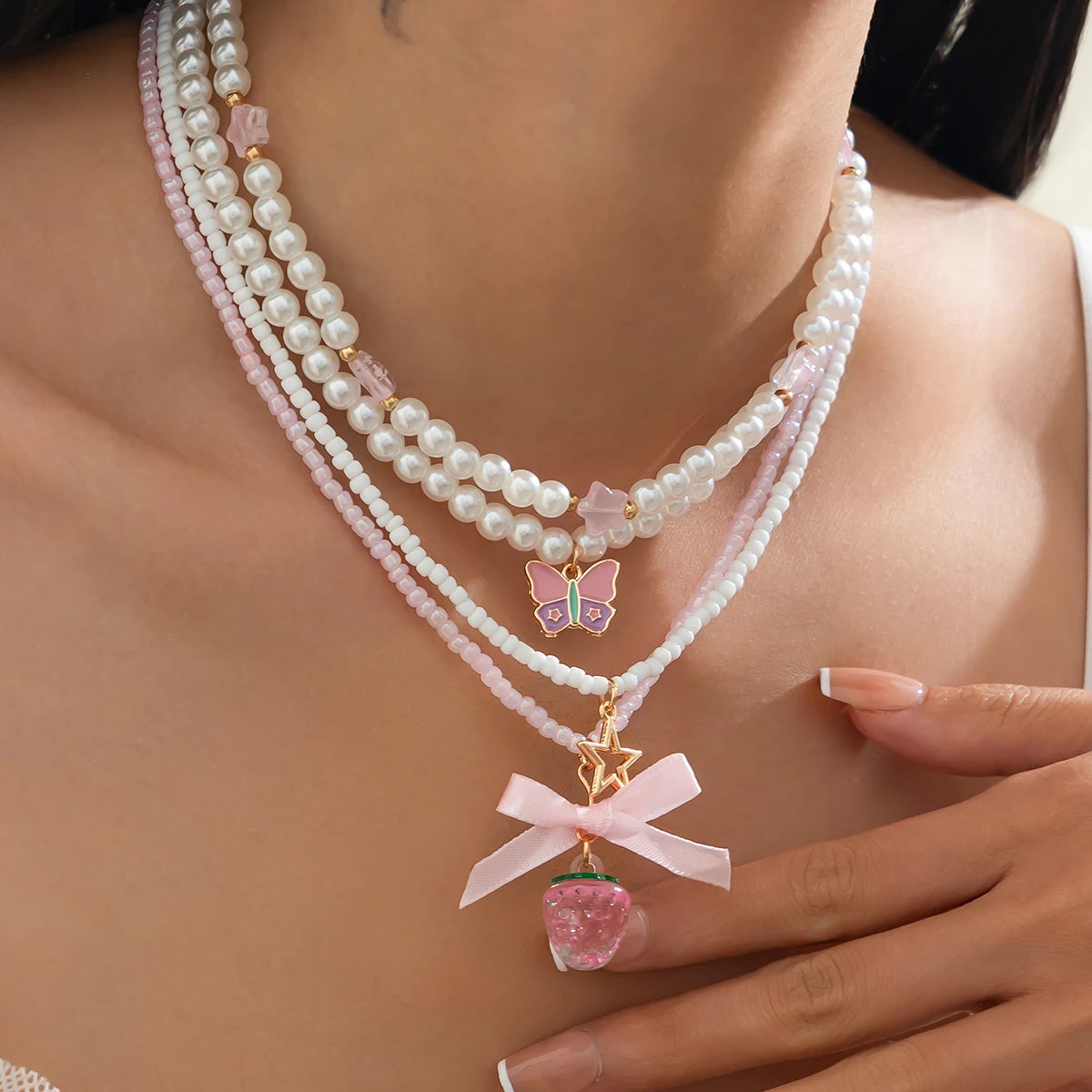Salircon Romantic Lovely Pink Strawberry Bowkont Pendant Women Necklace Set Elegant Multilayer Imitation Pearl Choker Jewelry