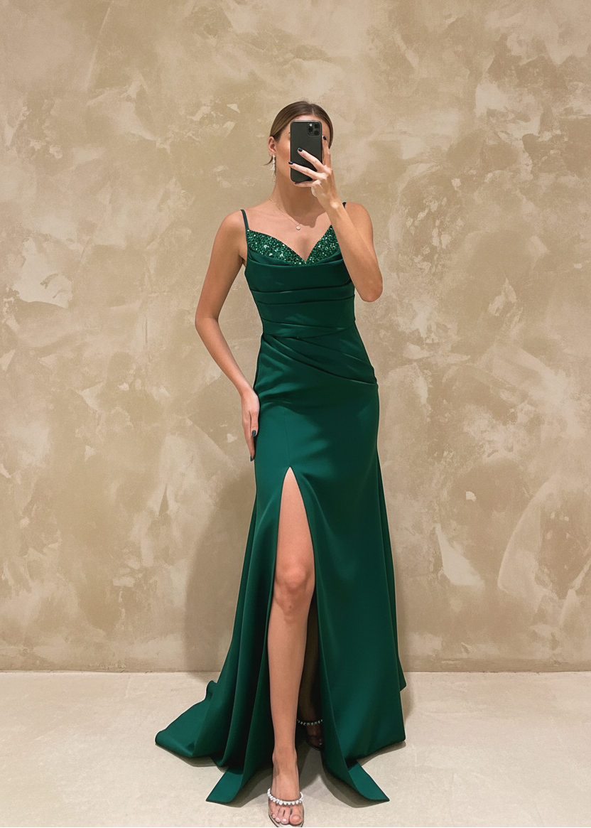 Romagic Red Wedding Party Dress Sleeveless Spaghetti Strap V Neck Green Split Pleated Blackless Long Mermaid Evening Prom Gown