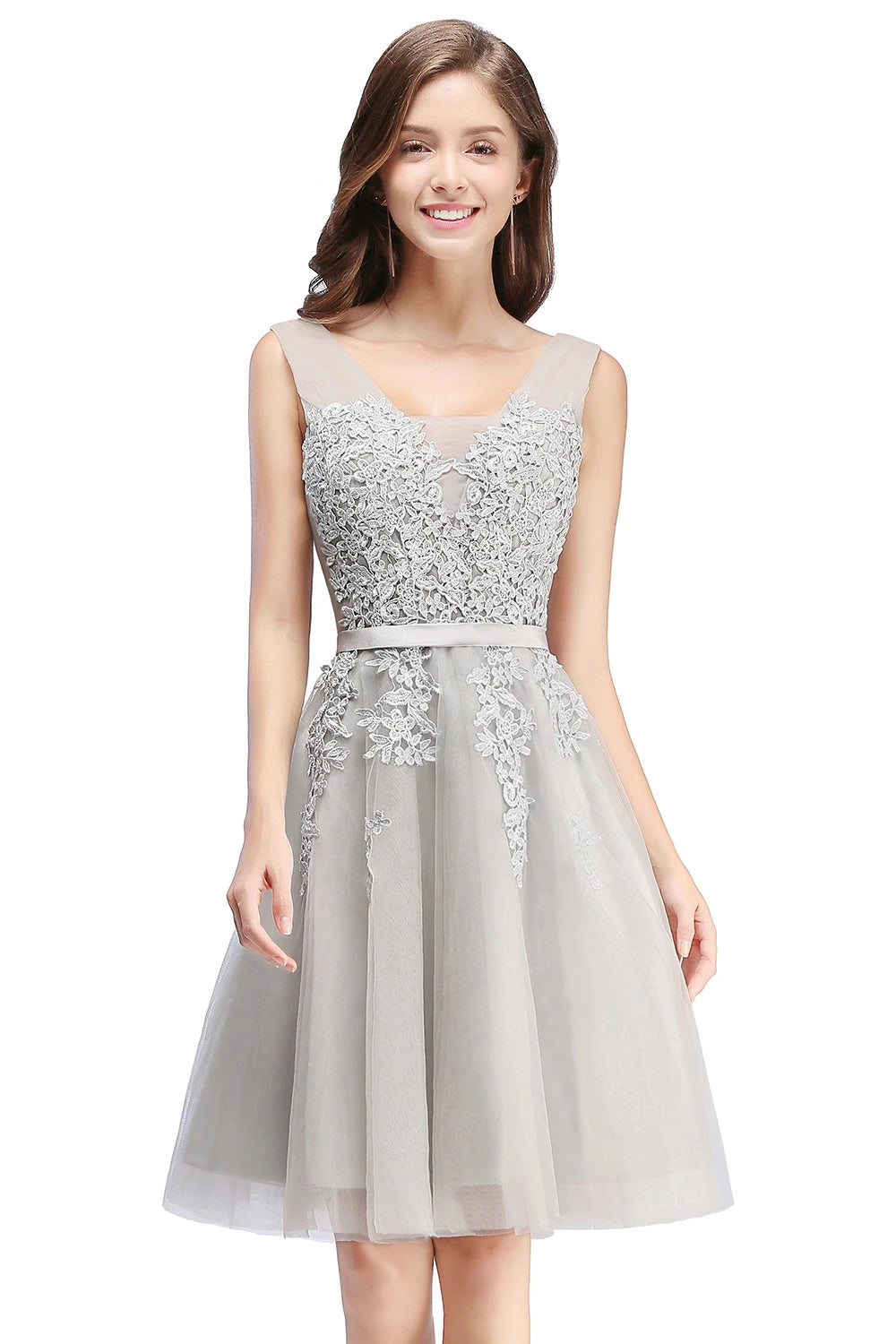 BABYONLINE Burgundy Bridesmaid Dresses with Lace Appliqué, V-Back & Flowy Tulle Skirt for Weddings,Elegant Short Party Dress