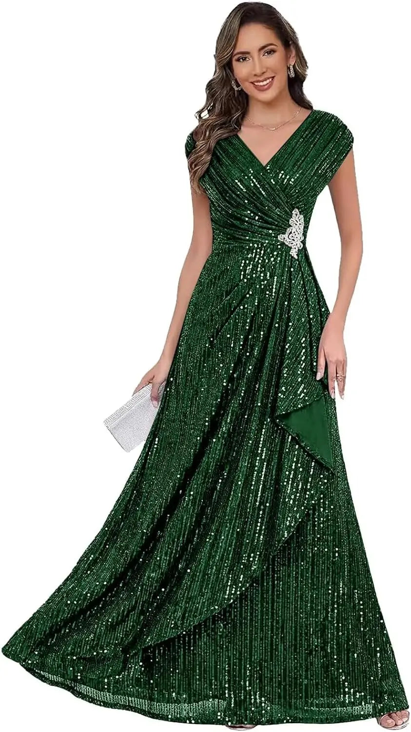 Sparkly Sequin A Line Mother of The Bride Dresses for Women Ruffles Long Formal Dress V Neck Evening Party Gown Dress