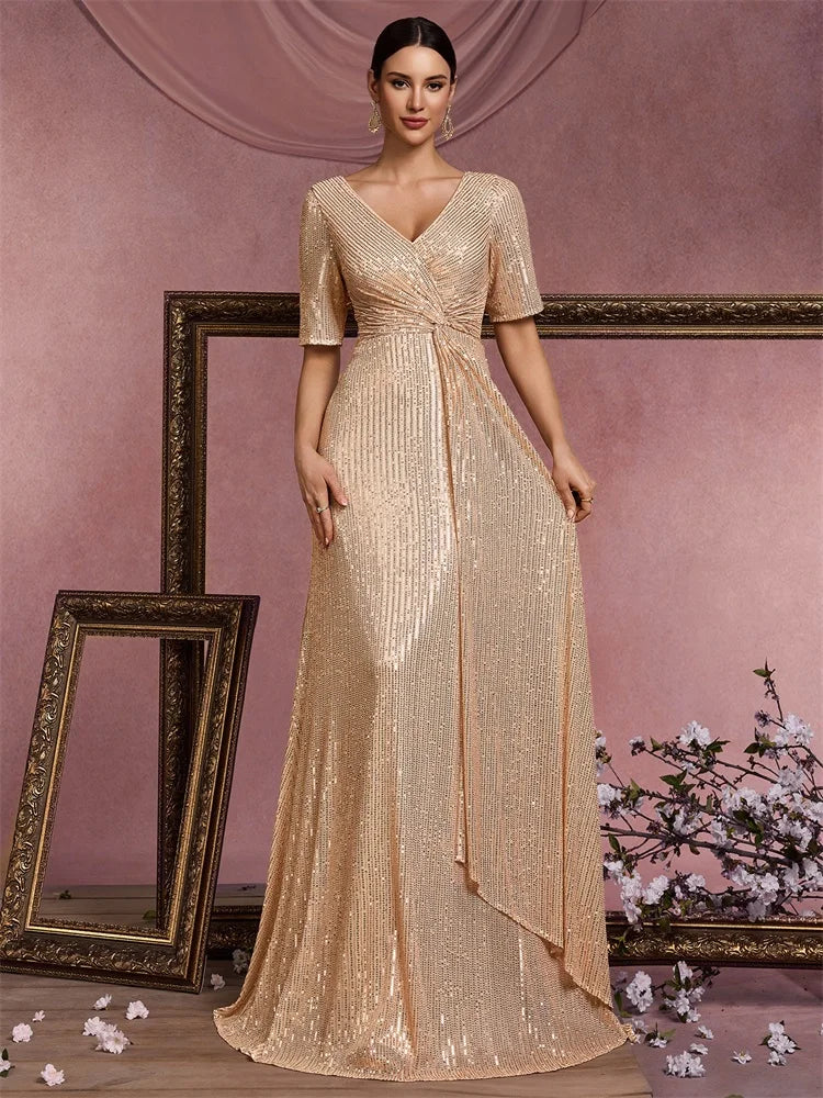 Luxury Floor Length V-Neck Evening Dresses Women Elegant Party Maxi Prom Sequins Short Sleeves Prom Cocktail Gowns