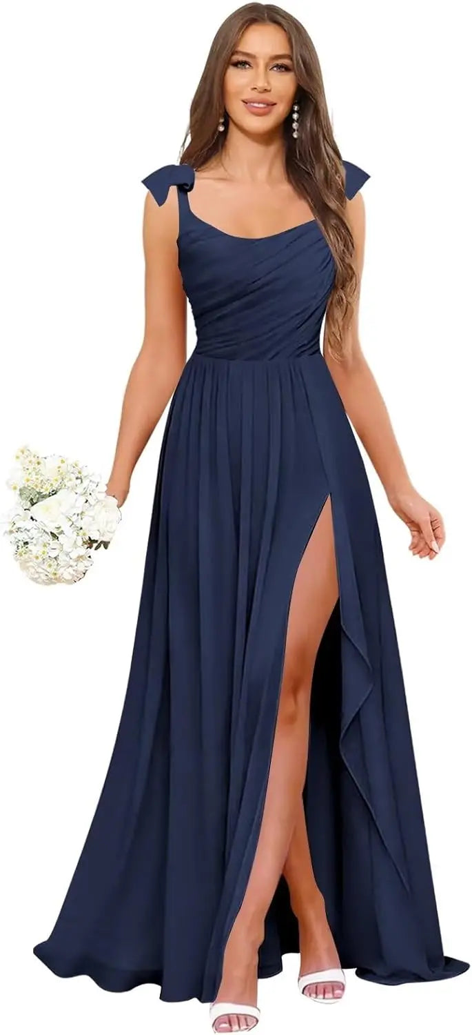 Square Neck Bridesmaid Dress with Ruffle Slit Chiffon Spaghetti Straps Ruched Bust Long Formal Prom Wedding Guest Gown
