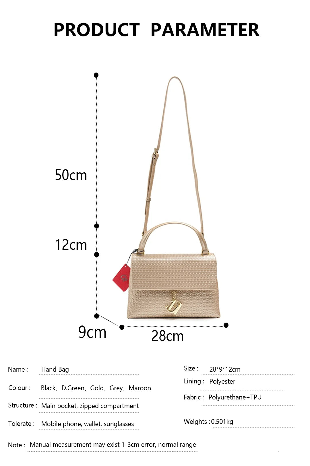 CH Lightweight PU+TPU Handbag 28x12x9cm, 5 Color Zipper Compartment Purse, Compact Tote Bag for Phone & Wallet