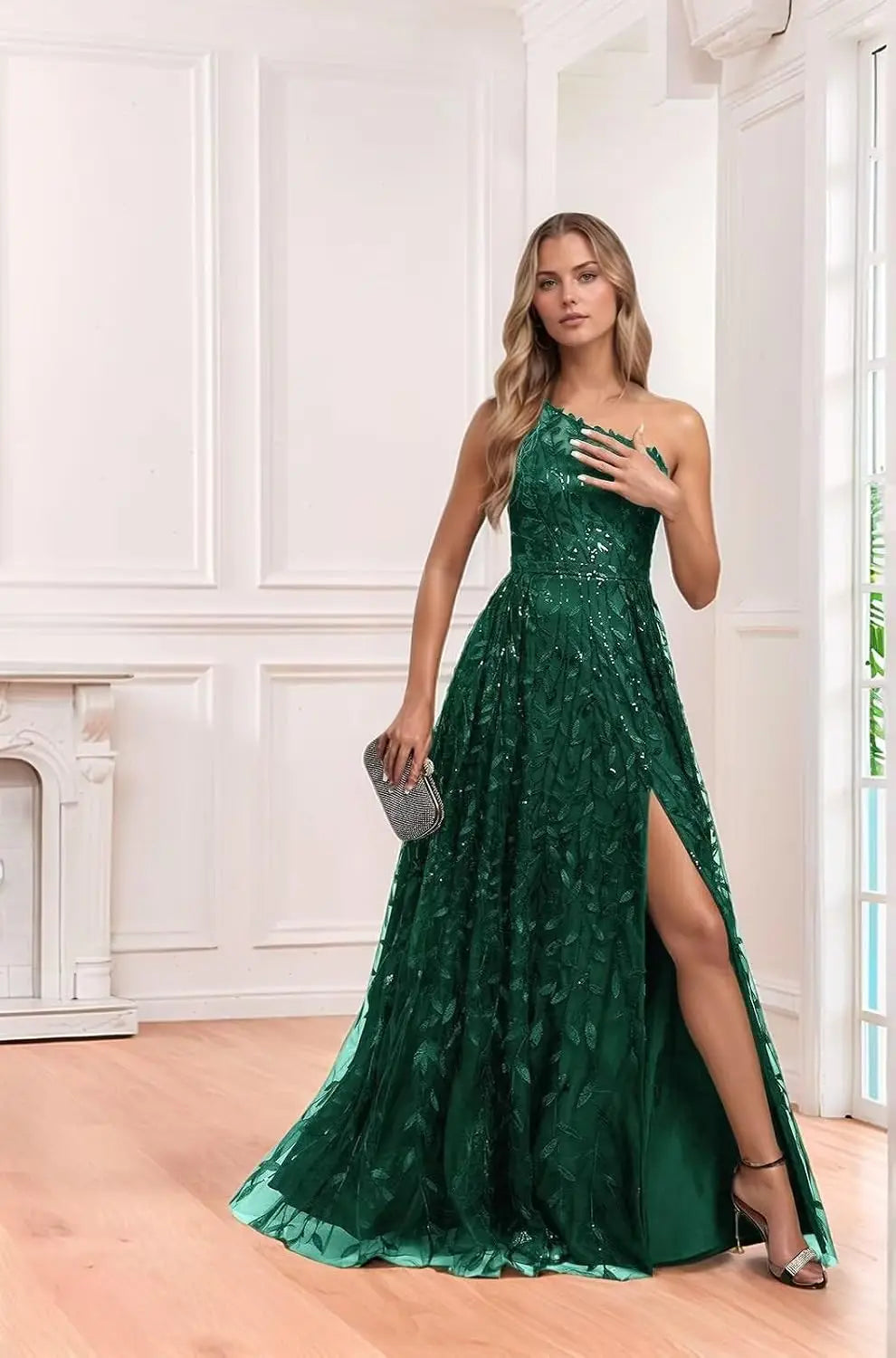 Lace Embroidered sequins Prom Dresses for Women One Shoulder Formal Party Dress Sleeveless Maxi Evening Gown with Slit