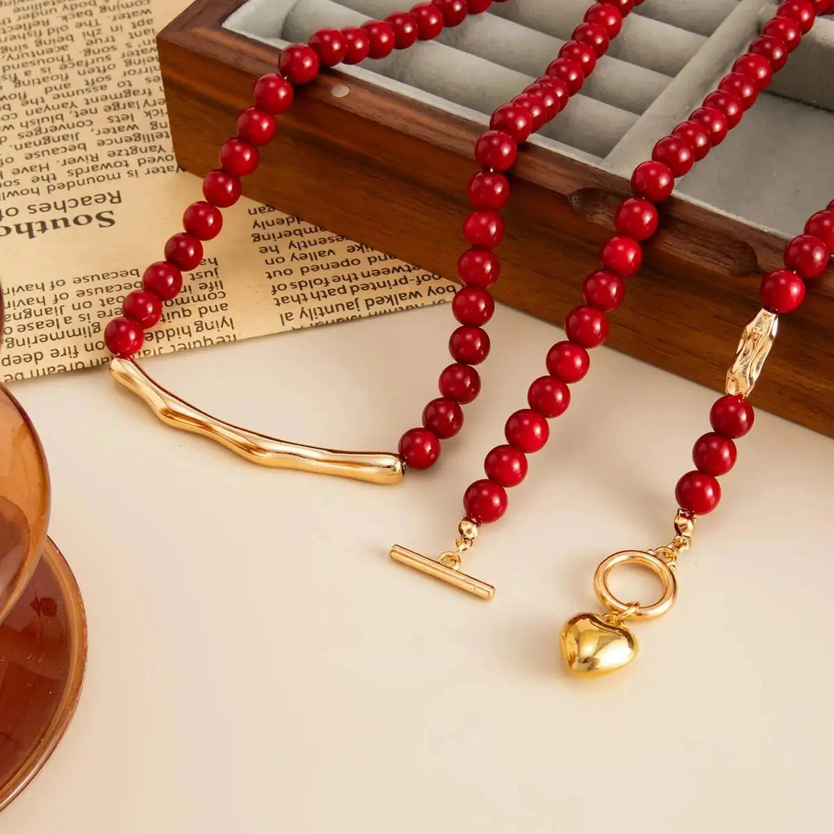 KunJoe Vintage Red Acrylic Beaded Choker Necklace for Women Trendy Stacked Love Heart Pendant Necklace New Year Jewelry Gifts