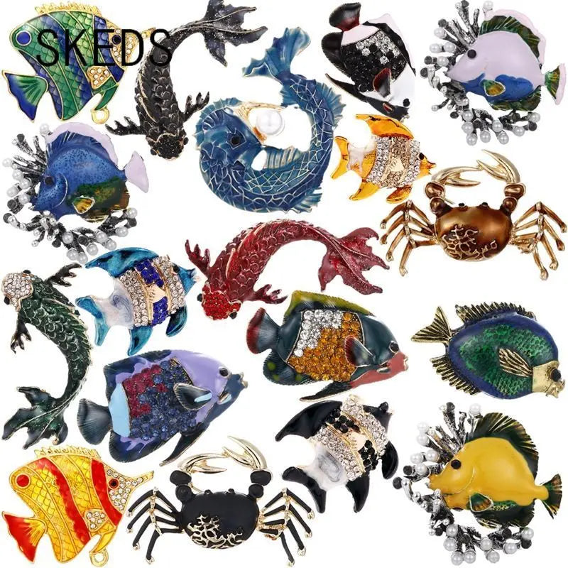 SKEDS Fashion Cute Fish Crystal Enamel Brooch Pin For Women Men Trendy Sea Animal Vintage Brooches Badges Clothes Jewerly Gift