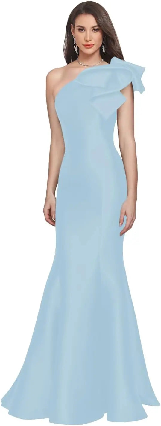 One Shoulder Prom Dresses Satin Mermaid Long Gowns With Bow