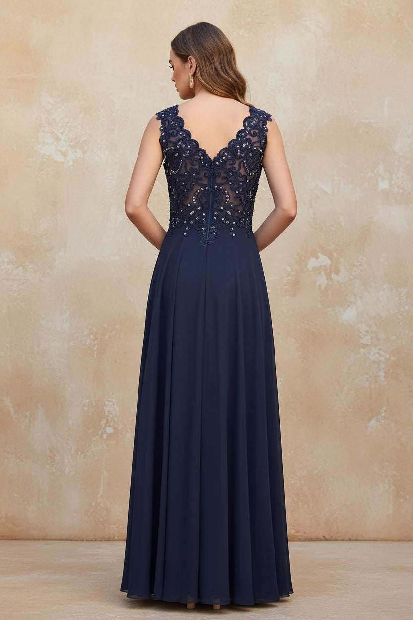 Navy Blue Chiffon Lace Beaded Evening Dresses V Neck Crystal Sleeveless Elegant Formal Party Prom Gowns Vestido De Fiesta Bride