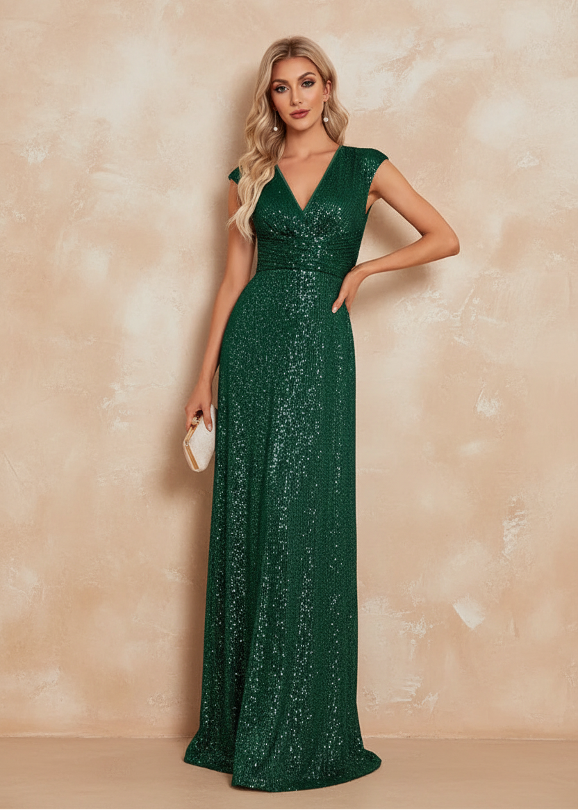 Women Elegant V-neck Mermaid Evening Dress Floor Length Formal Blue Prom Party Gown Sequins Sleeveless Vestidos