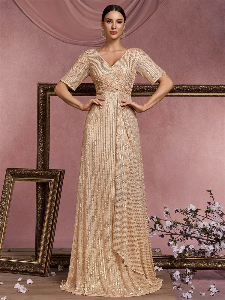 Luxury Floor Length V-Neck Evening Dresses Women Elegant Party Maxi Prom Sequins Short Sleeves Prom Cocktail Gowns