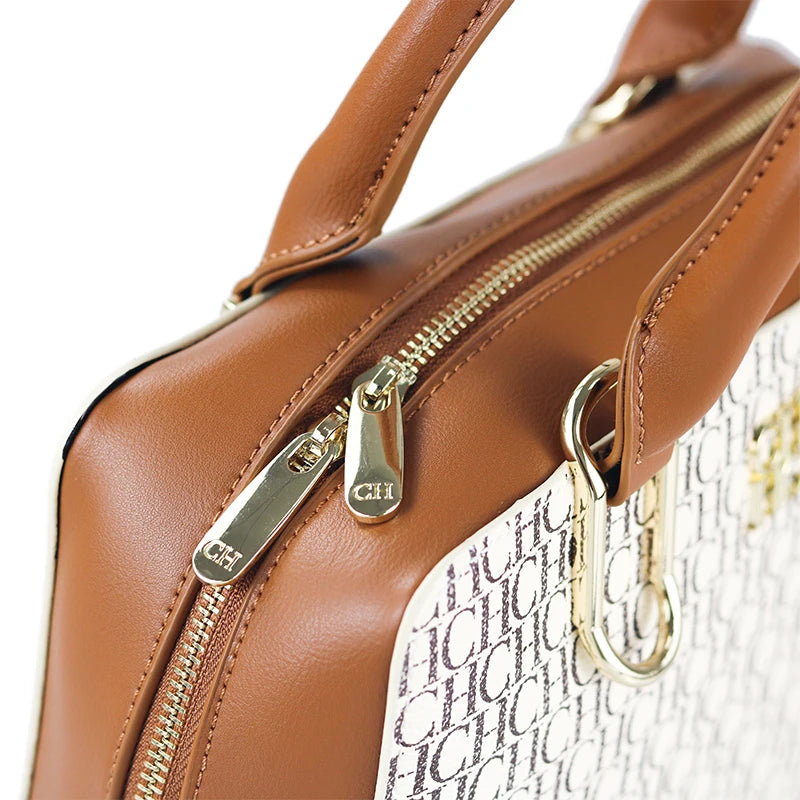 CH Luxury Boston Bag Women Woven Texture PU Leather Top Handle Handbag Metal Hardware Zipper Shoulder Bag for Daily Commute