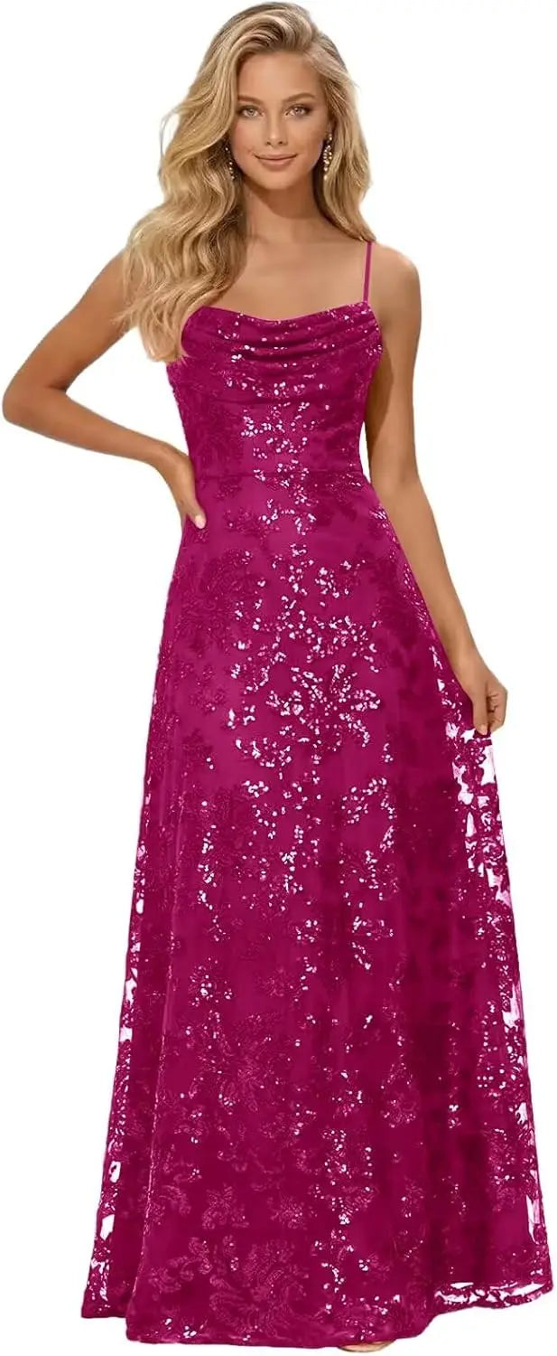 Lace Sequin Long Prom Dresses for Women 2026 Sparkly Pleated A Line Formal Evening Ball Gown Women Elegant Party Dresses