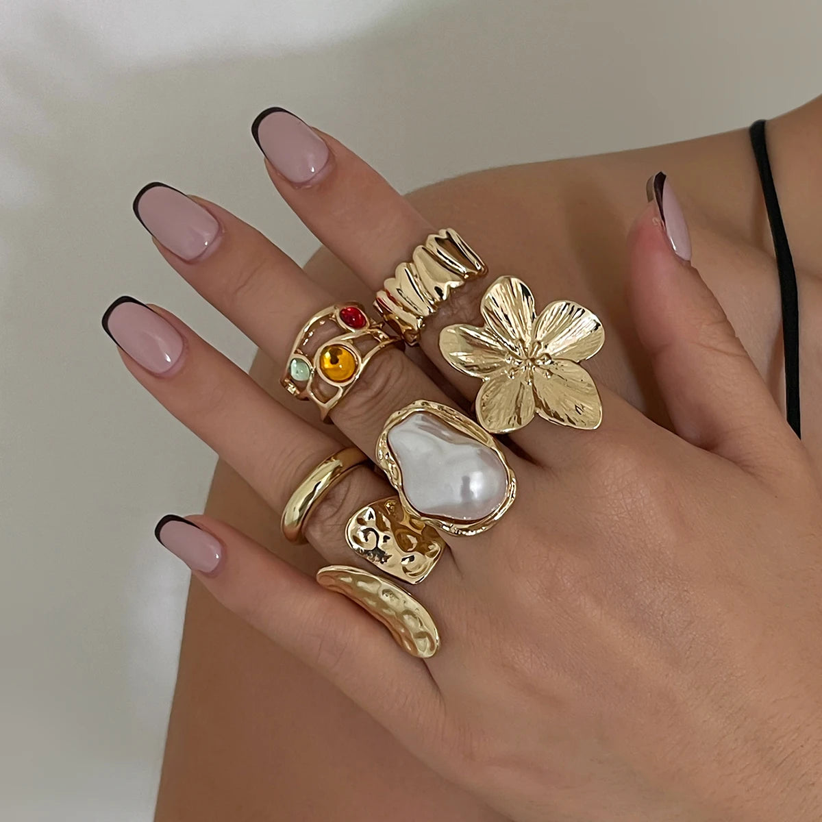 KunJoe 6 Pcs Elegant Crystal Imitation Pearl Open Rings Set for Women Smooth Metal Gold Color Flower Chunky Ring Jewelry Gift