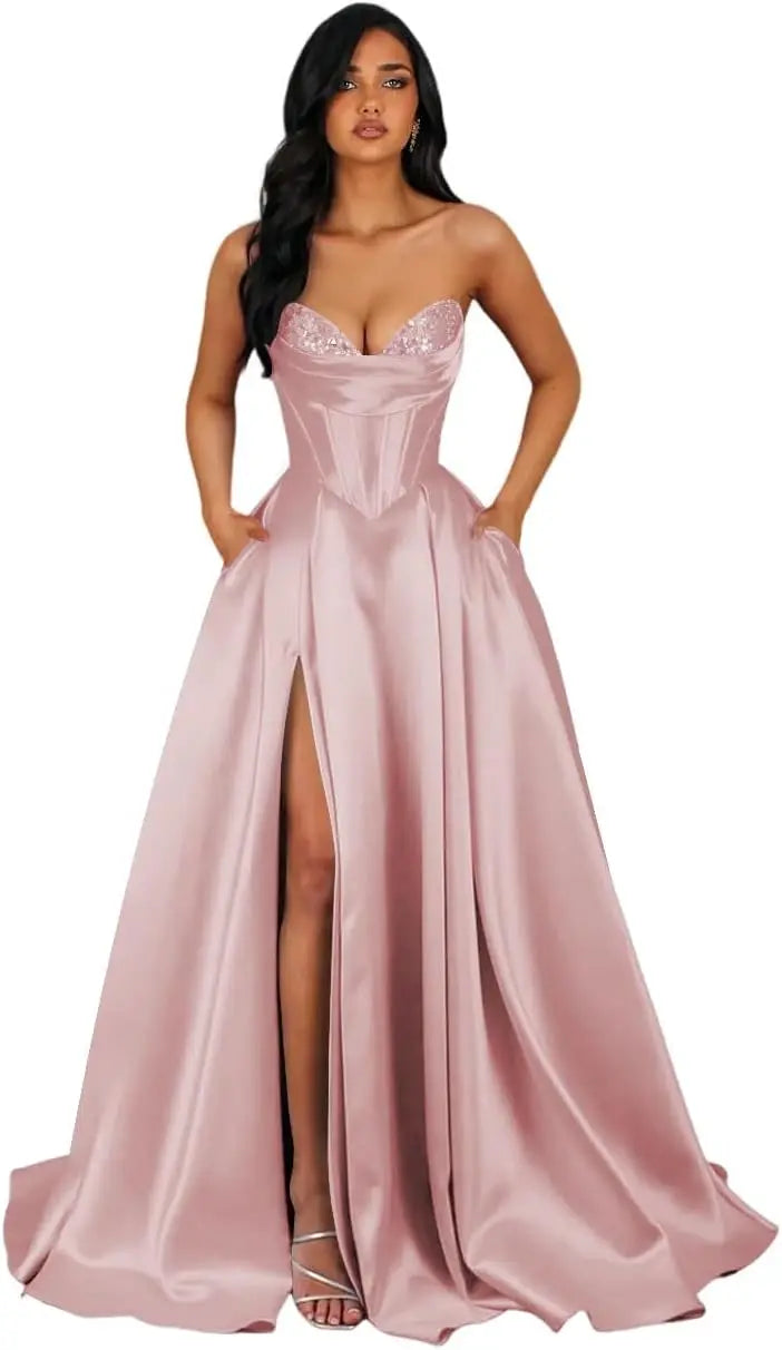 Strapless Sequin Prom Dresses Long with Slit Satin Formal Party Dress