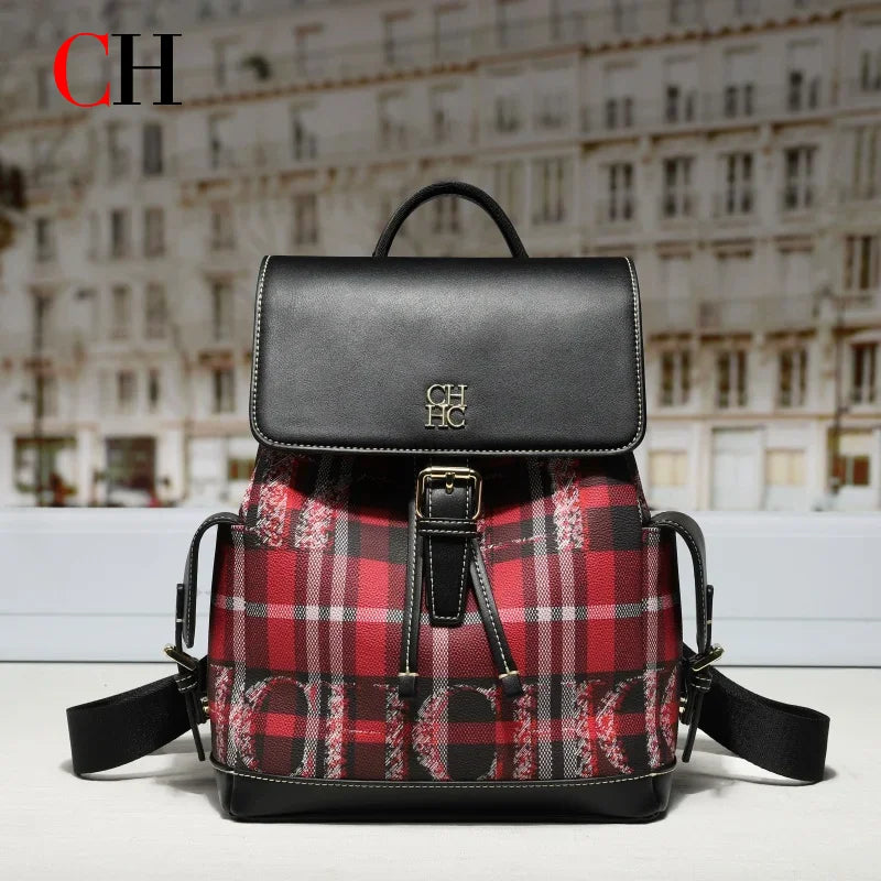 CH Brand Plaid Backpack Women Fashion Casual Large Capacity Stylish Durable Backpack Female Student School Daily Travel