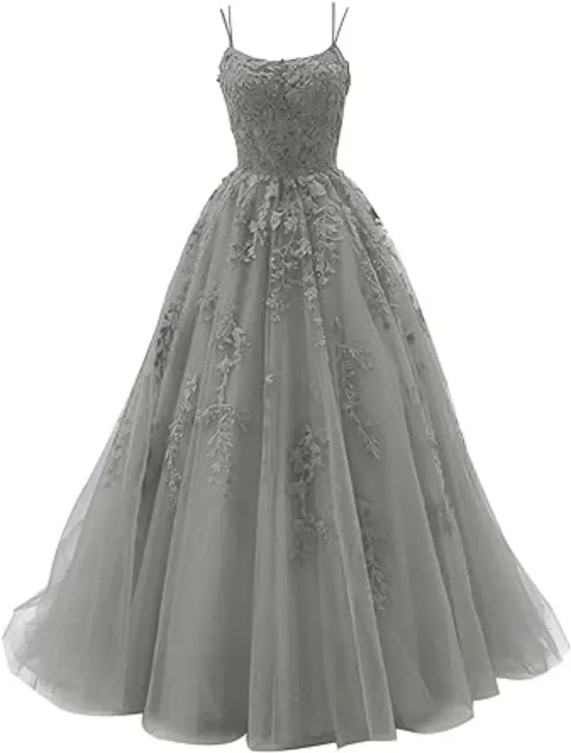 Tulle Spaghetti Straps Prom Dresses Long Lace Appliques Ball Gowns for Women