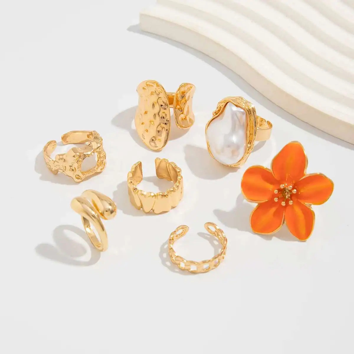 KunJoe 7Pcs/Set Imitation Pearl White Flower Open Ring for Women Trendy Geometry Water Drop Adjustable Finger Ring Jewelry Gift