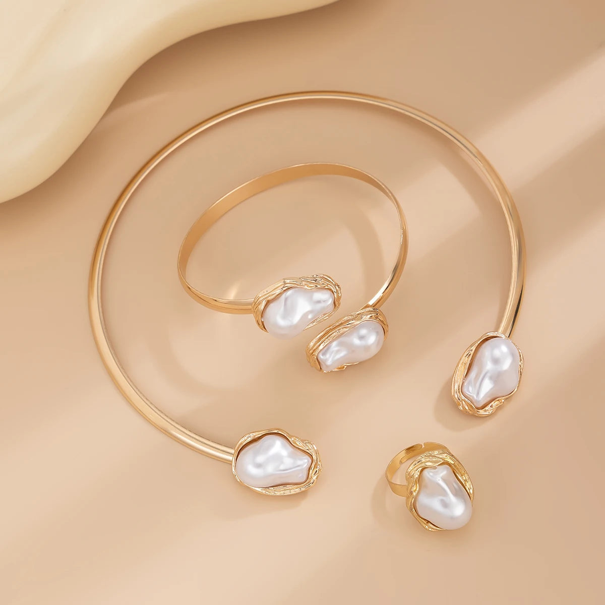 Salircon Elegant Luxury Imitation Pearl Collar Necklace Bangles Ring for Women Trend Opening Choker Bride Wedding Jewelry Set