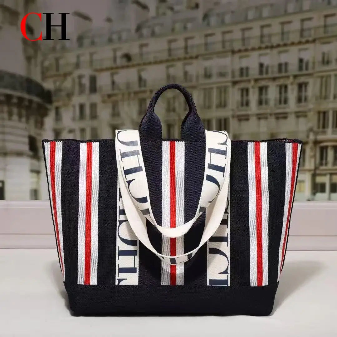 Women's Tote Bag Simple Stripe Design Women's Shoulder Bag Letter Print Large Capacity Commuter Style Classic Ladies Crossbod