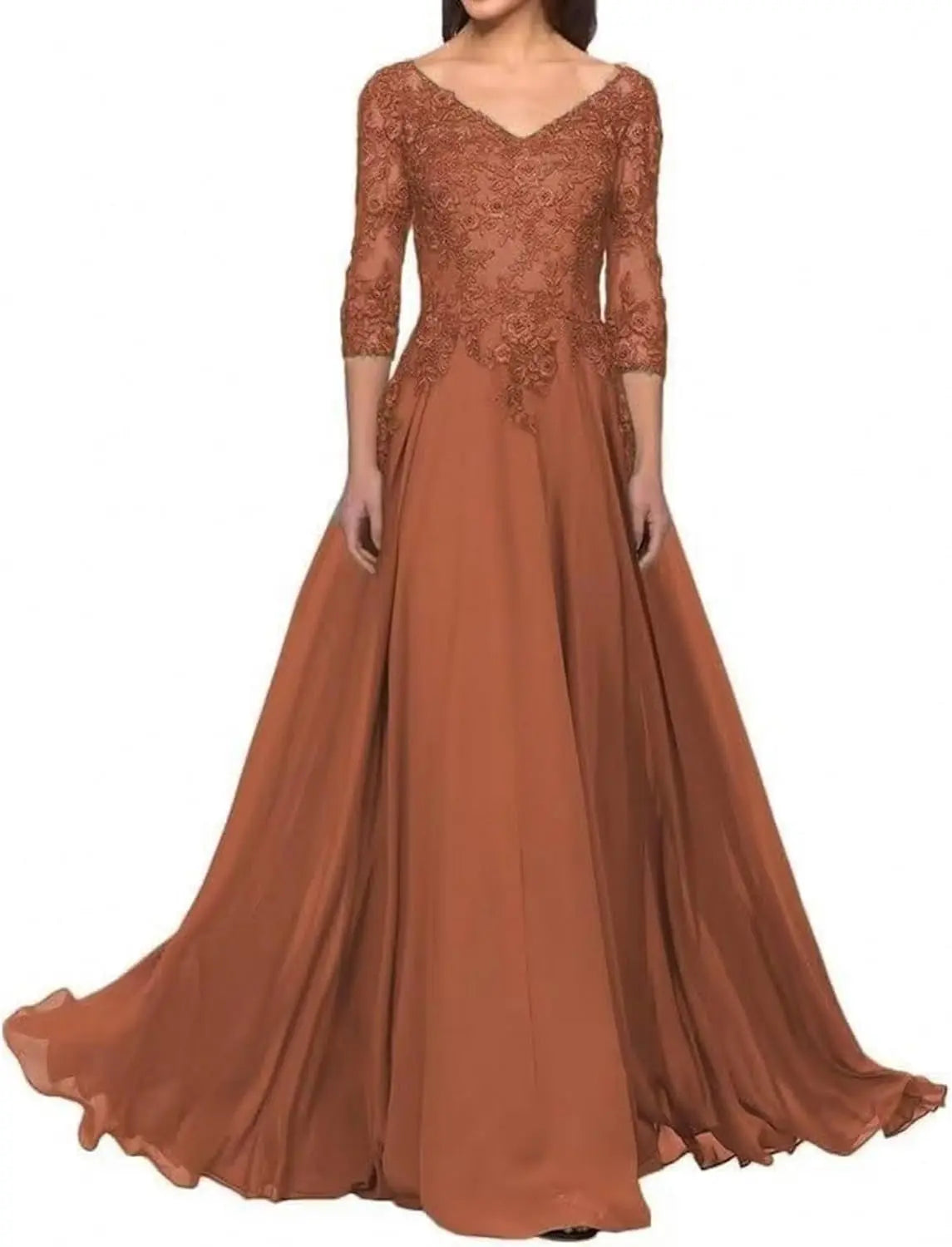 Elegant V Neck Lace Applique 3/4 Sleeve Mother of The Bride Dresses Chiffon A-Line Formal Evening Party Gowns