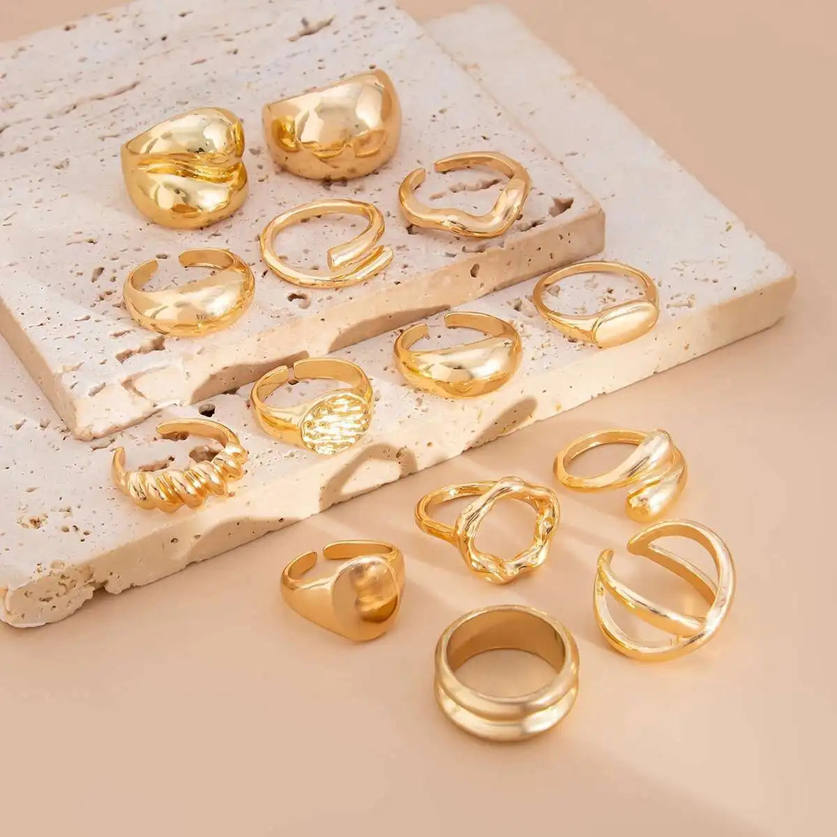 Salircon 14Pcs/Set Unique Creative Smooth Water Drop Rings for Women 2025 Punk Geometric Adjustable Finger Ring Couple Jewelry