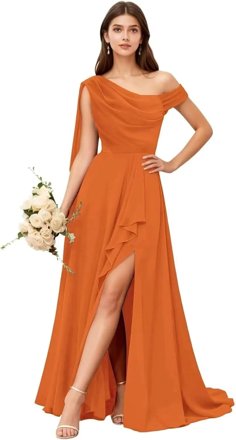 Chiffon One Shoulder Bridesmaid Dresses for Women with Pleated Ruffles A Line Long Formal Dress with Slit