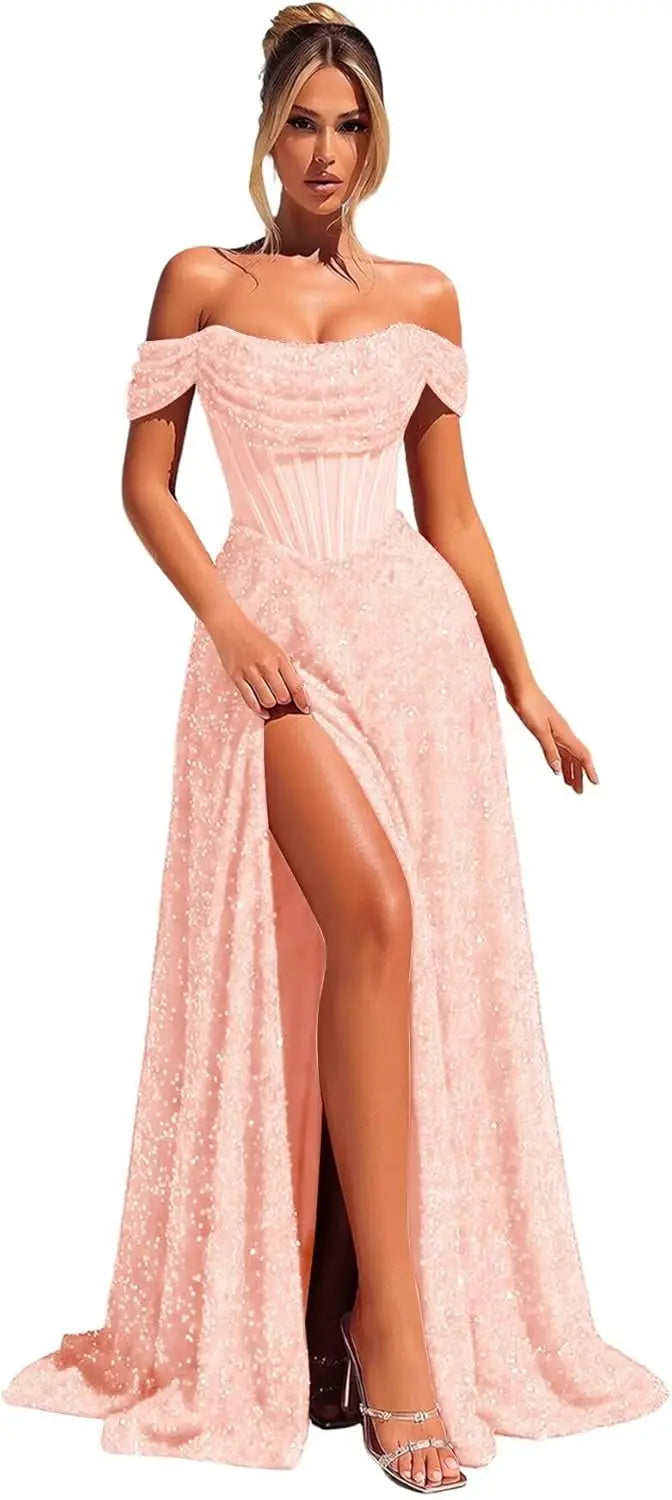 Customized Sparkly Sequins Prom Dresses for Women Off Shoulder Strapless A Line Formal Evening Dress with Side Slit