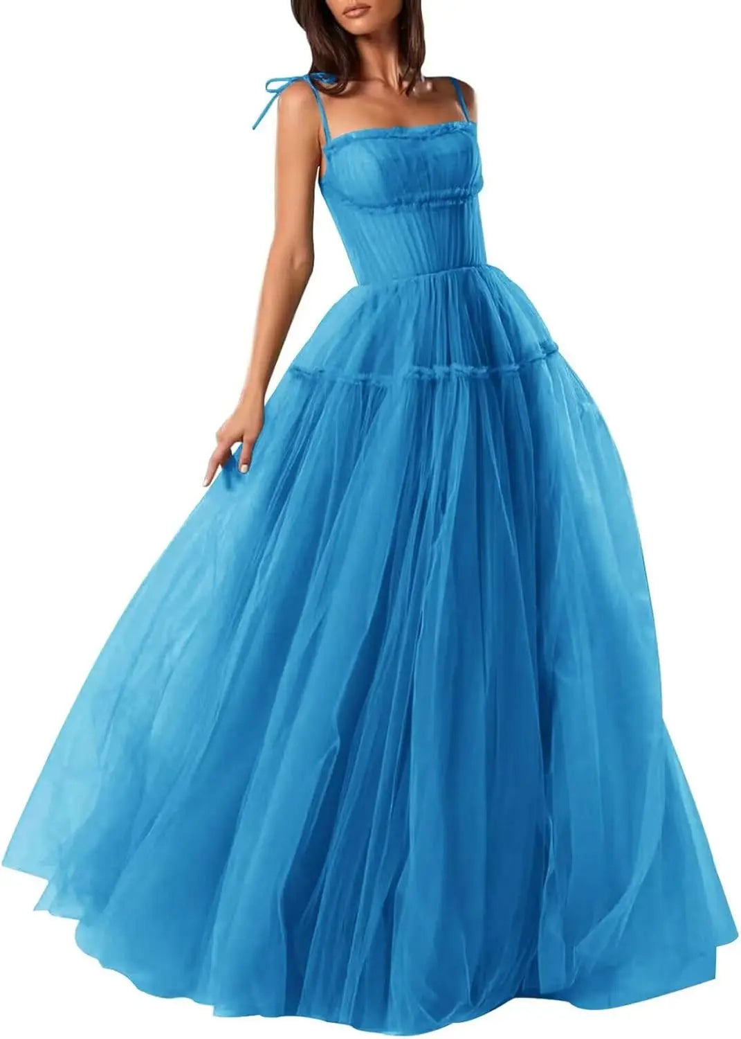 Women's Tulle Prom Dresses Spaghetti Straps Bridesmaid Dresses Long A Line Foraml Evening Party Gowns Tiered Fluffy Skirt Dress